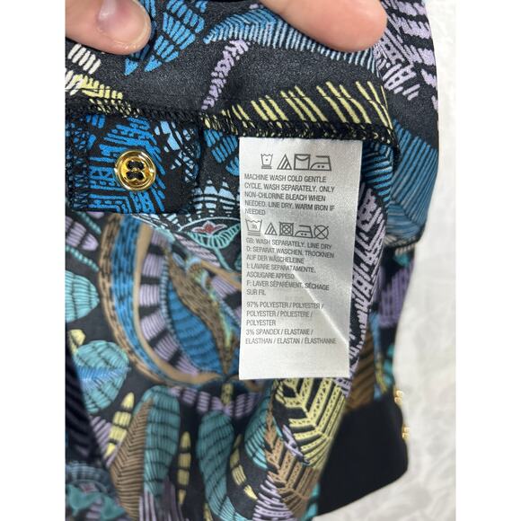 Bob Mackie Top 2X Black Blue Purple Feather Print 1/2 Zip Satin Tribal Peacock - Picture 7 of 10